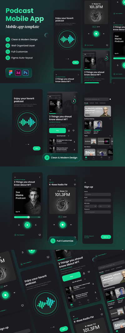 高品质的时尚高端音乐流媒体APP UI KITS-PSD, XD, FIG