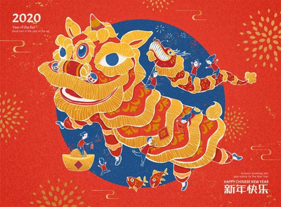 丝网印刷风格新年舞狮插画素材[eps]