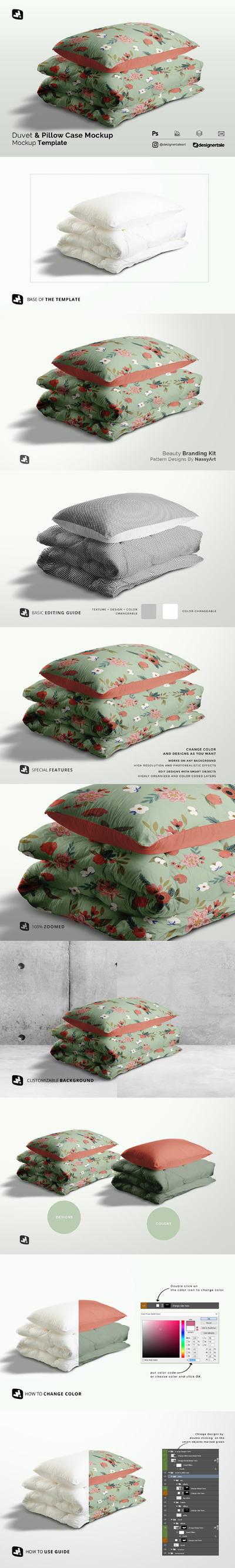 羽绒被和枕套图案设计样机 (psd)