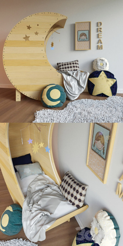 月亮形儿童床及地毯软垫等儿童房家具装饰组合3D模型（FBX,MAX）