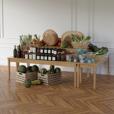 包含蔬菜红酒果酱玻璃器皿在类的超市商店货架3D模型（OBJ,FBX,MAX）