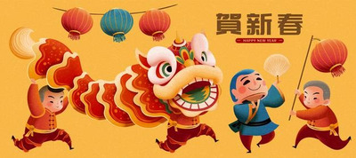 传统舞狮表演新年Banner矢量素材[eps]