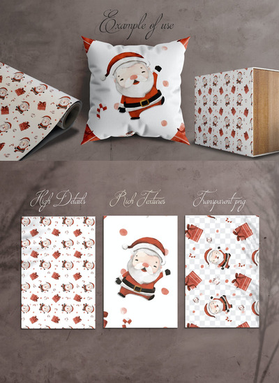 甜蜜的圣诞水彩剪贴画卡通圣诞老人。 (AI,EPS,FIG,JPG,PDF,PNG,PSD,SKETCH,SVG,AFDESIGN)