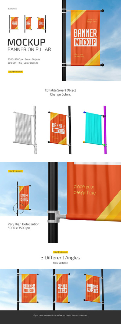 街道灯柱广告Banner横幅样机模板 (psd)