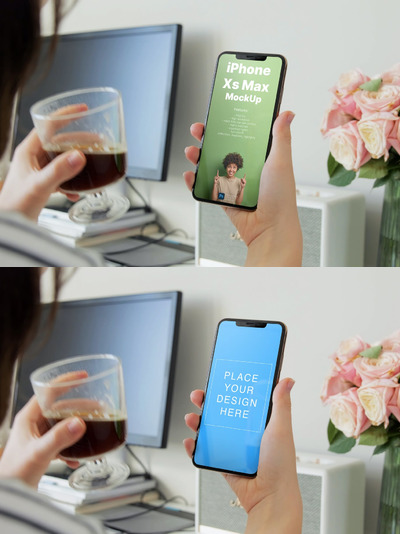 iPhone Xs 手持在家办公人的手机样机 (PSD,PDF)
