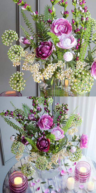 玫瑰混合花束和烛台装饰组合3D模型（OBJ,FBX,MAX）