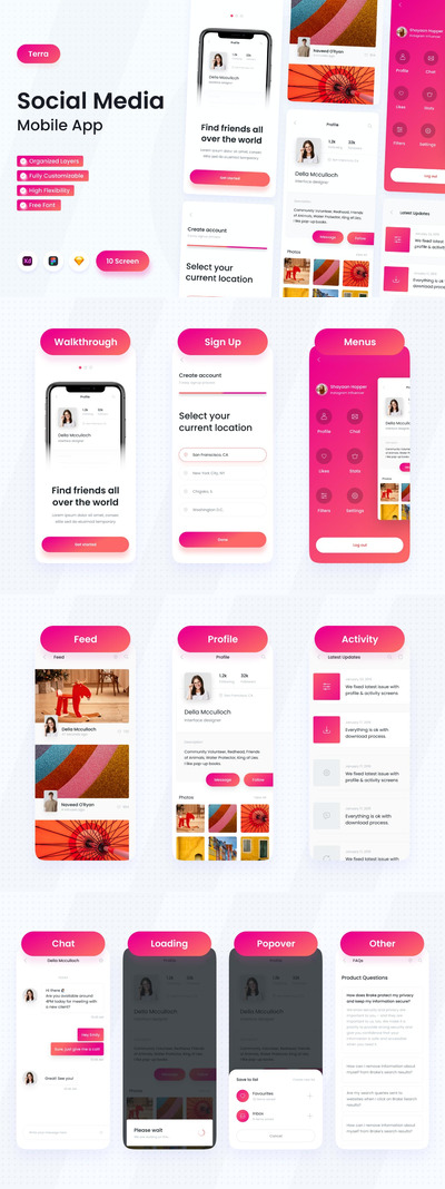 高品质的社交媒体APP UI KITS-FIG, SKETCH, XD