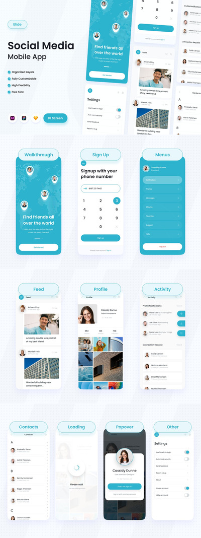 专业清新的高品质社交媒体APP UI KITS-FIG, SKETCH, XD