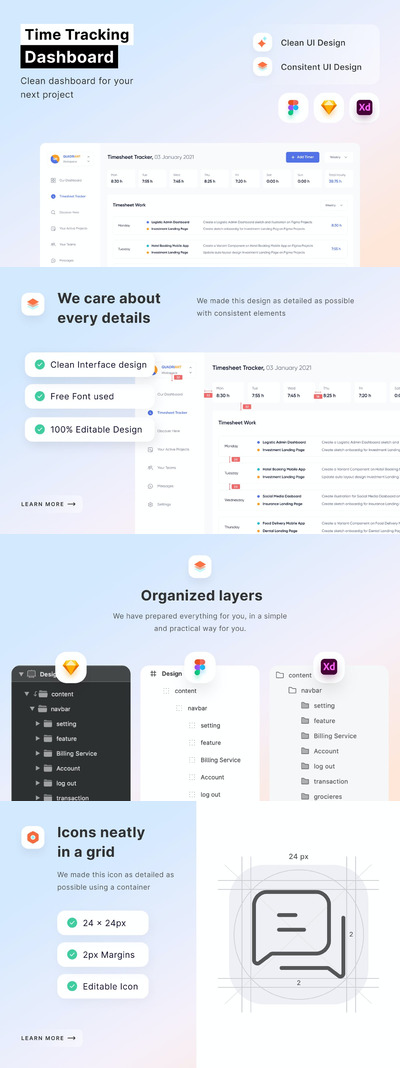 时间跟踪与管理仪表板 网页Ui KIT (FIG,SKETCH,XD)