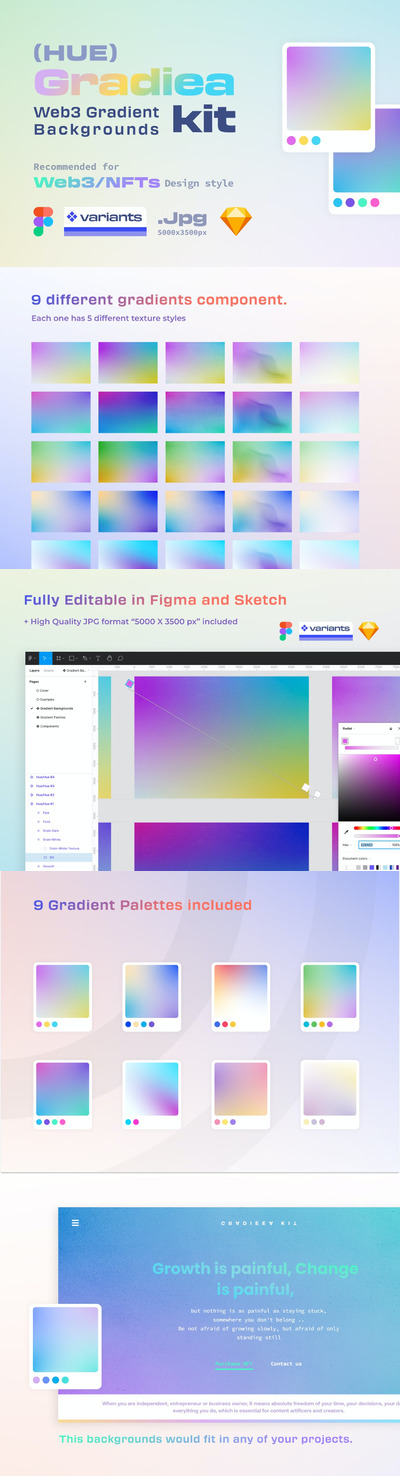高品质的时尚高端专业的Gradiea Kit - Web3 (Hue Ver.)渐变背景大集合-FIG, SKETCH, JPG
