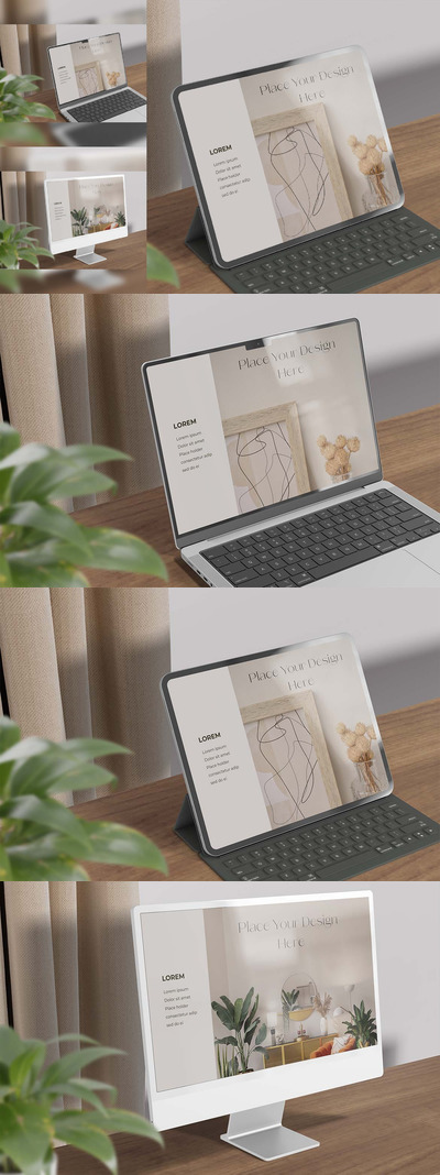 设备屏幕样机笔记本电脑、平板电脑和显示器UI样机展示模型mockups
