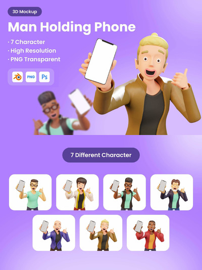 Blender手持手机的卡通3D人物模型下载（Blend）
