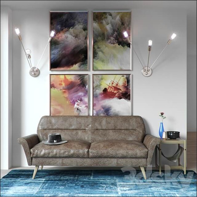 Denmark皮革双人沙发及壁画壁灯花束地毯等装饰组合3D模型（OBJ,FBX,MAX）