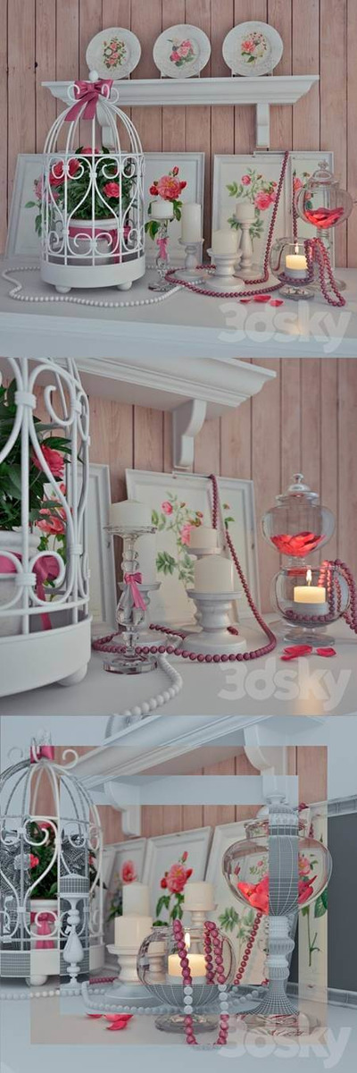 山茶花花束 装饰画及烛台等普罗旺斯风格装饰组合3D模型（OBJ,FBX,MAX）