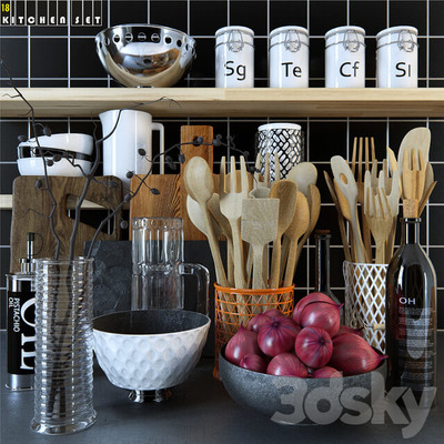 调味瓶木制餐具等厨房用品组合3D模型（OBJ,FBX,MAX）