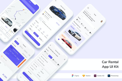 租车应用程序用 App UI Kit (FIG,PSD,SKETCH,XD)