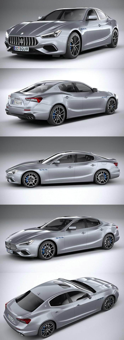 玛莎拉蒂Ghibli Hybrid 2021款银色跑车3D模型（OBJ,FBX,MAX）