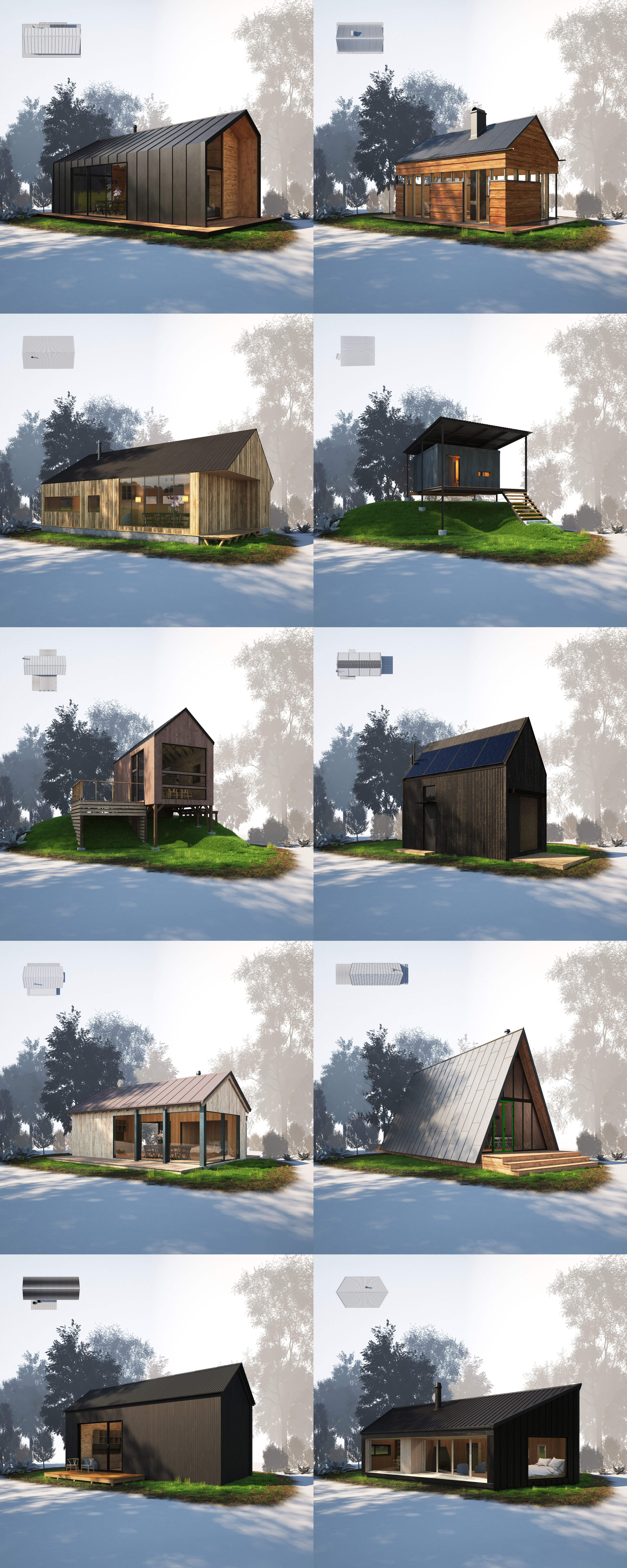 10组不同形状和设计的带家具的小木屋3D模型合集（MAX）