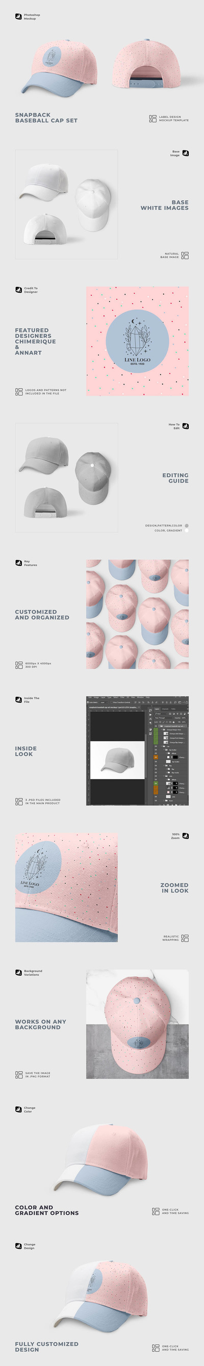 棒球帽时尚配饰设计套装样机 (psd)