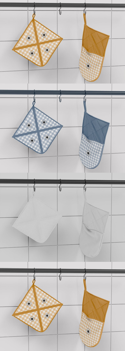 烤箱手套和锅架挂在厨房的吧台上样机 (PSD)