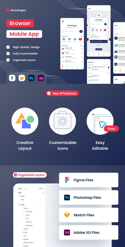 移动端浏览器 App UI Kit (PSD,XD,FIG,SKETCH)