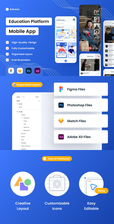 教育平台移动应用App UI Kit (PSD,XD,FIG,SKETCH)