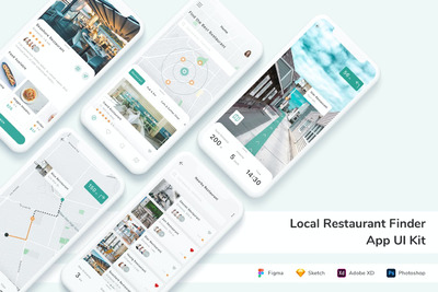 本地餐厅美食寻找 App UI Kit (FIG,PSD,SKETCH,XD)