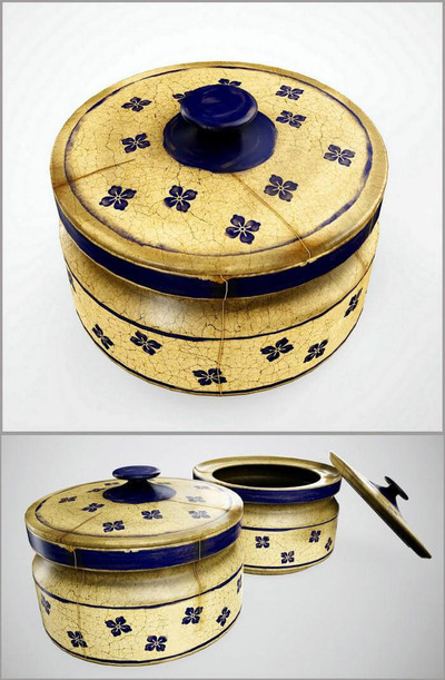 带盖子的黄色底蓝色梅花图案陶瓷缸陶瓷锅3D模型（OBJ,FBX,MAX）