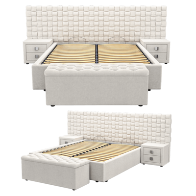 Malta加宽床头板米色布艺床及同系列床头柜和脚凳3D模型（OBJ,FBX,MAX）