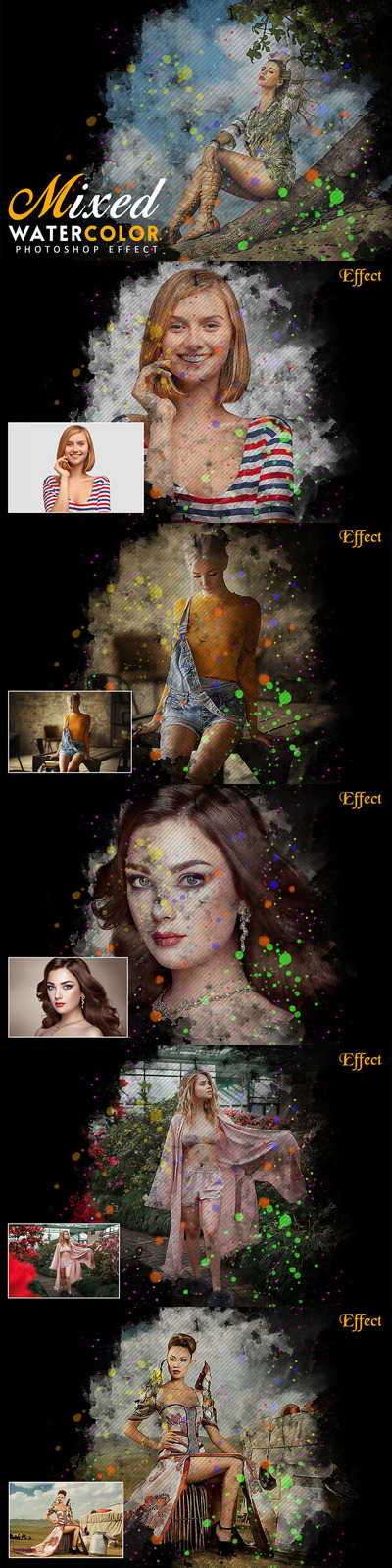 混合水彩照片效果模板 (psd)