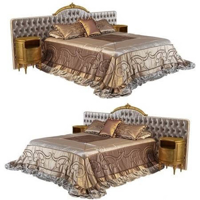 Stradivari有光泽的绣花垂地床上用品及黄铜色床头柜组合3D模型（OBJ,FBX,MAX）