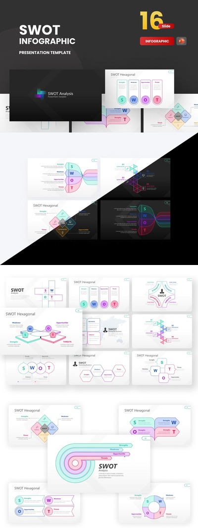 描边风格SWOT 信息图标分析PPT模板 (PPTX)