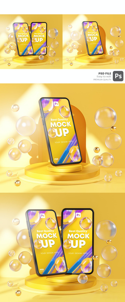 高端时尚多用途的可爱手机APP UI样机3D场景展示模型mockups