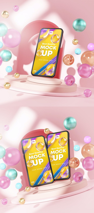 时尚高端可爱清新时尚3D场景手机APP UI样机展示模型mockups