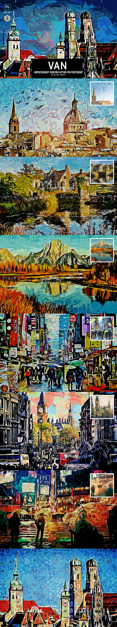 高端时尚梵高印象派效果的手绘油画绘画效果photoshop动作预设