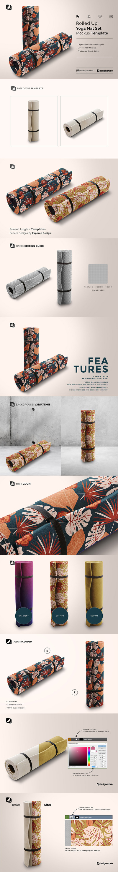 卷起的瑜伽垫图案设计套装样机 (psd)