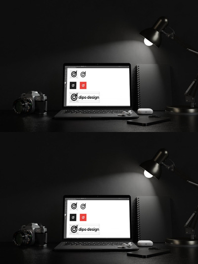 暗黑办公桌场景Macbook笔记本电脑样机 (PSD)