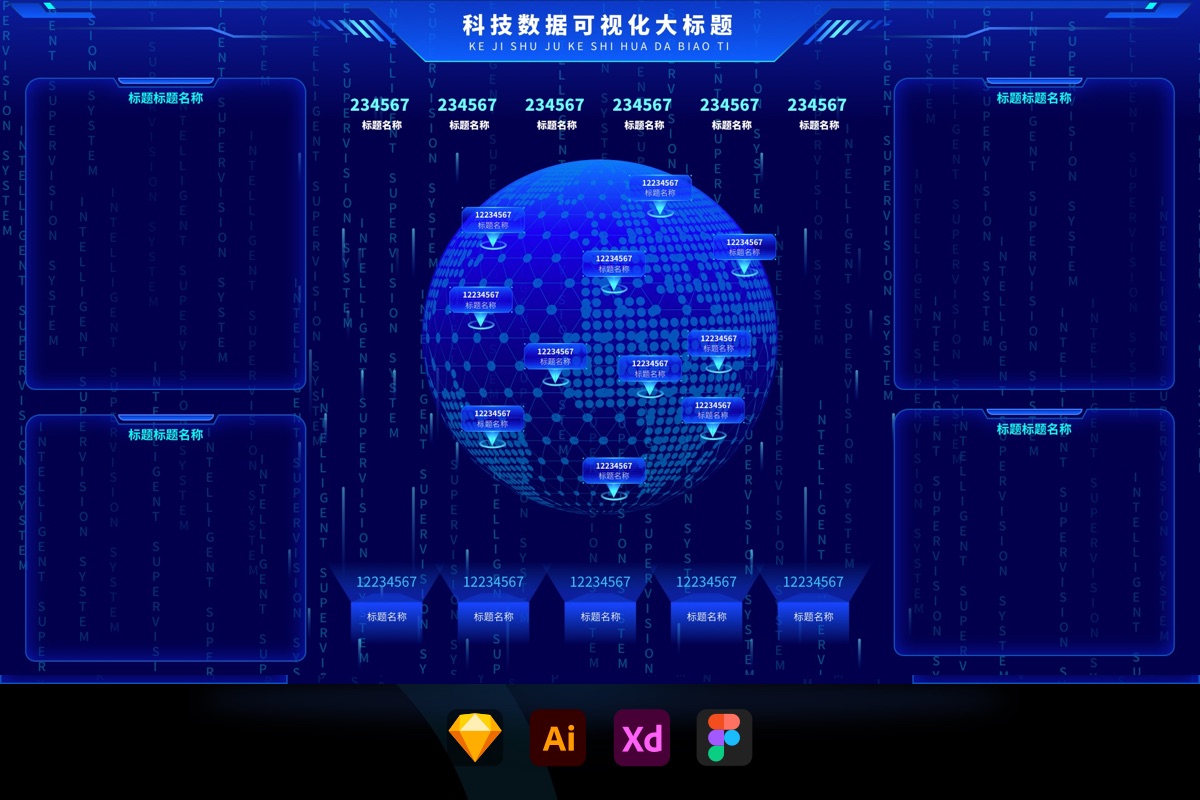 科技蓝大数据可视化图表统计后台数字首页UI框架（sketch+XD+AI）