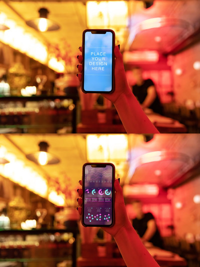 酒吧模糊背景智能iPhone手机屏幕样机 (PSD)