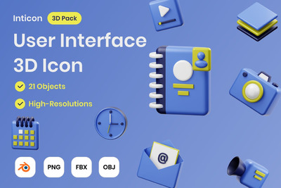 UI常用3D图标套装 (PNG,OBJ,FBX,Blend)