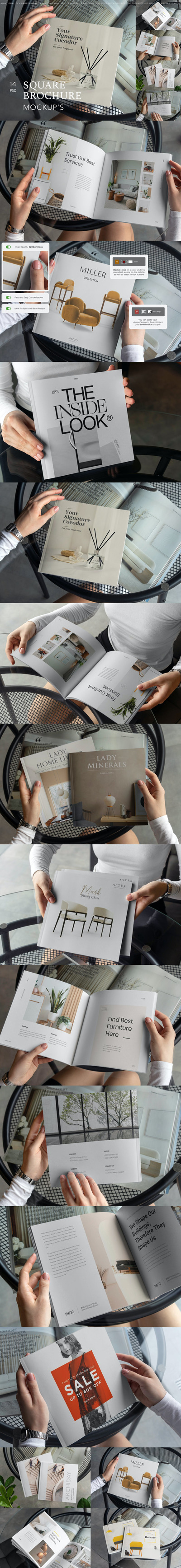 方形目录宣传册页面展示样机 (PSD,1.71GB)