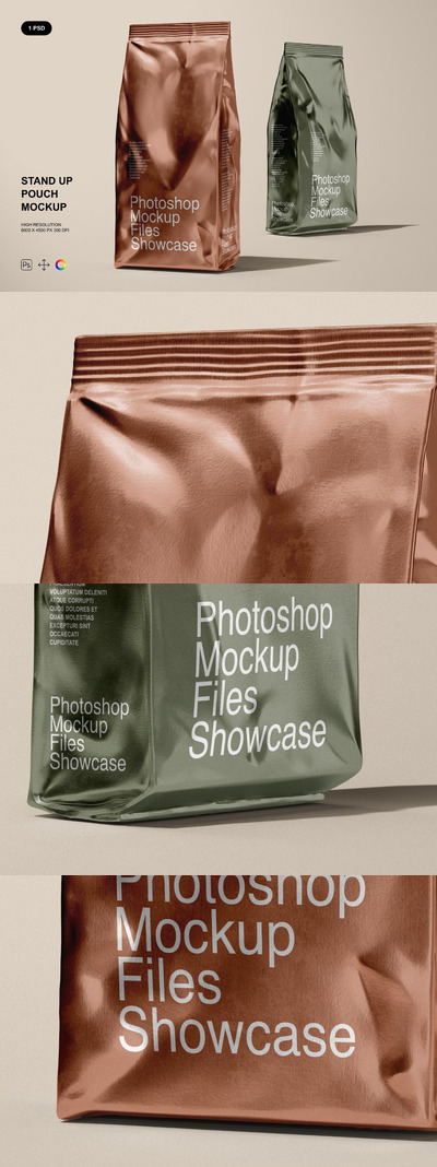 咖啡豆站立袋包装设计样机模板 (PSD)