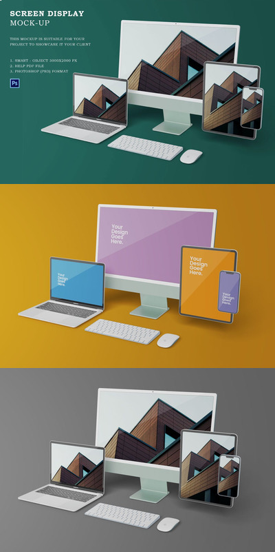 响应式屏幕UI设计显示苹果设备样机模板 (PSD,PDF)