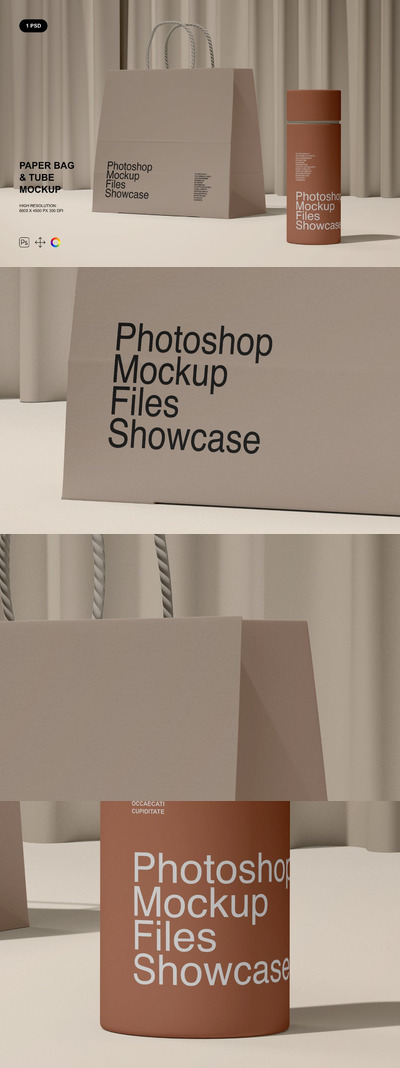 纸购物袋和纸管包装设计样机模板 (PSD)