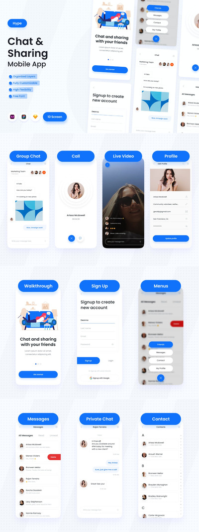 聊天和分享 App UI Kit (FIG,SKETCH,XD)