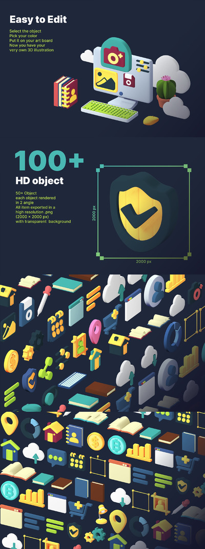 Blender制作的电脑端功能3D图标下载（Fig,PNG）