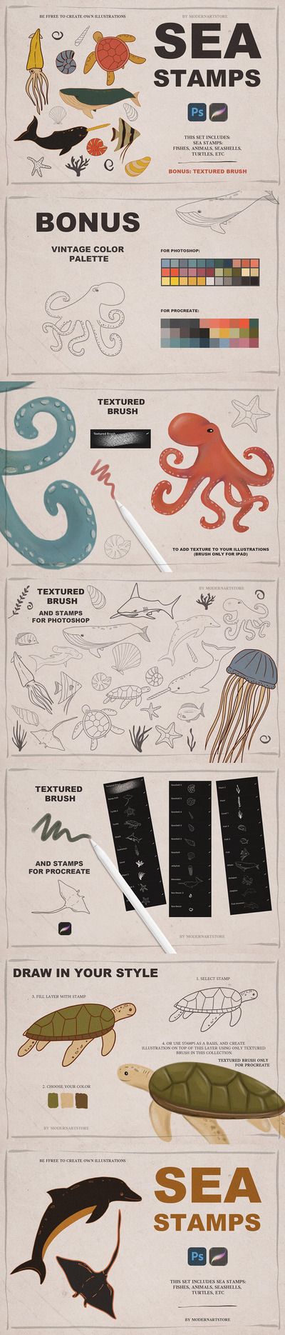 用于Procreate和 Photoshop的海洋元素图章笔刷 (brushset,abr)