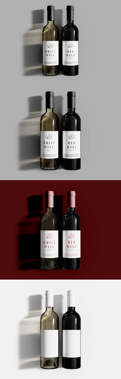 红白葡萄酒瓶品牌标签设计样机 (PSD)