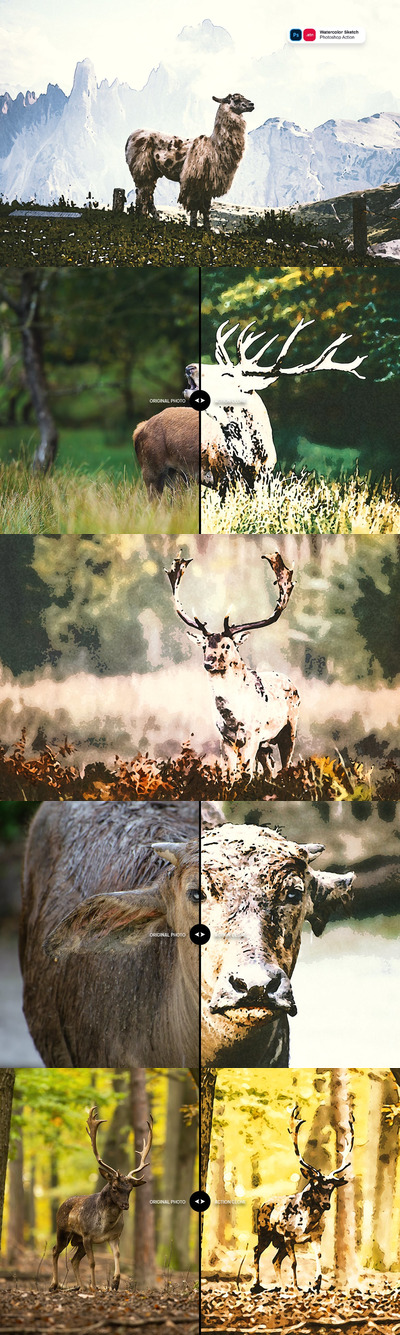 高品质的时尚高端逼真质感手绘水彩photoshop动作预设