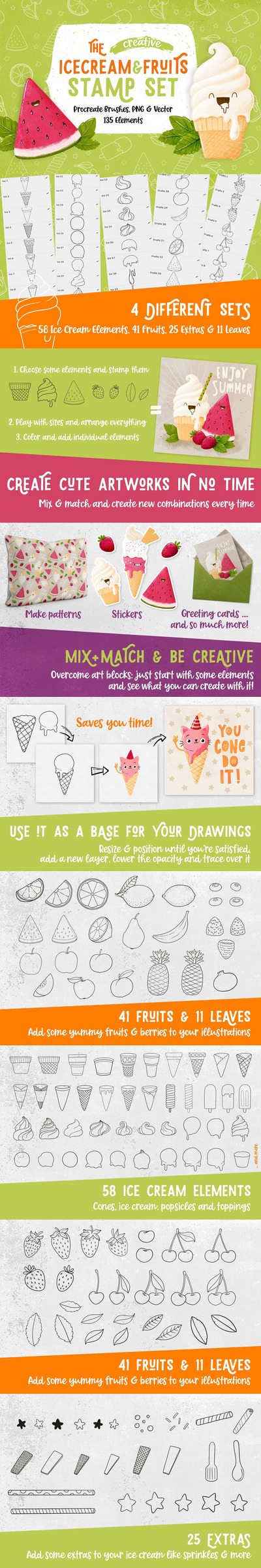 创意冰淇淋和水果图案Procreate笔刷素材 (brushset,ai,eps)